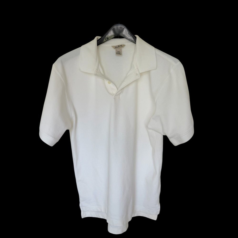 LL Bean Carefree Double L Polo Shirt White Cotton Pique Short Sleeve Large